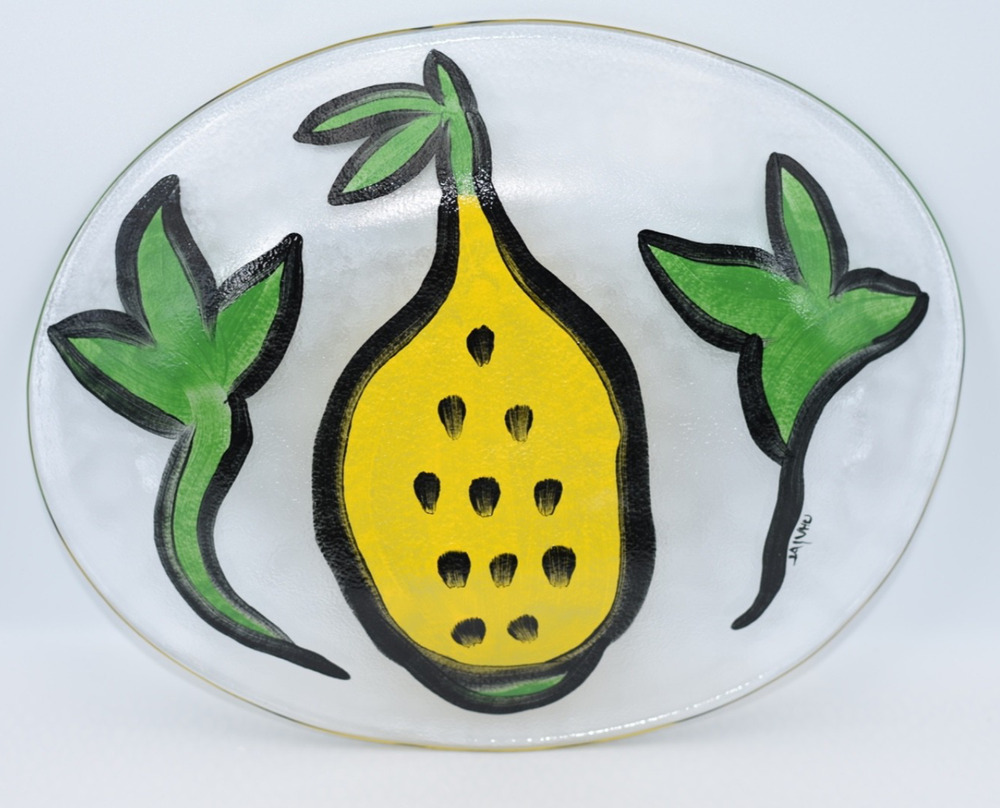 Kosta Boda Art Glass 13" Oval Plate Citron Hand Decorated Ulrica Hydman-Vallien